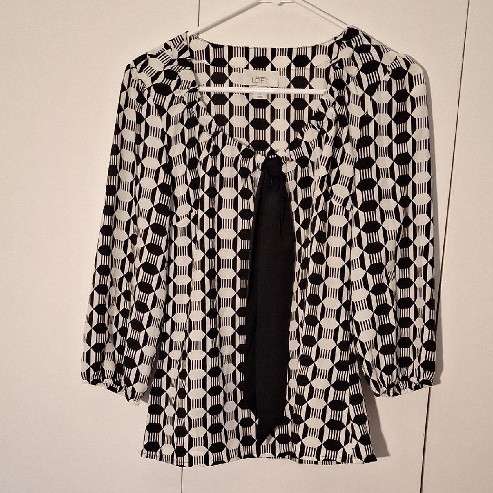 LOFT Black and White 3/4 Sleeve Blouse with Sailor Collar and Graphic Cut Out